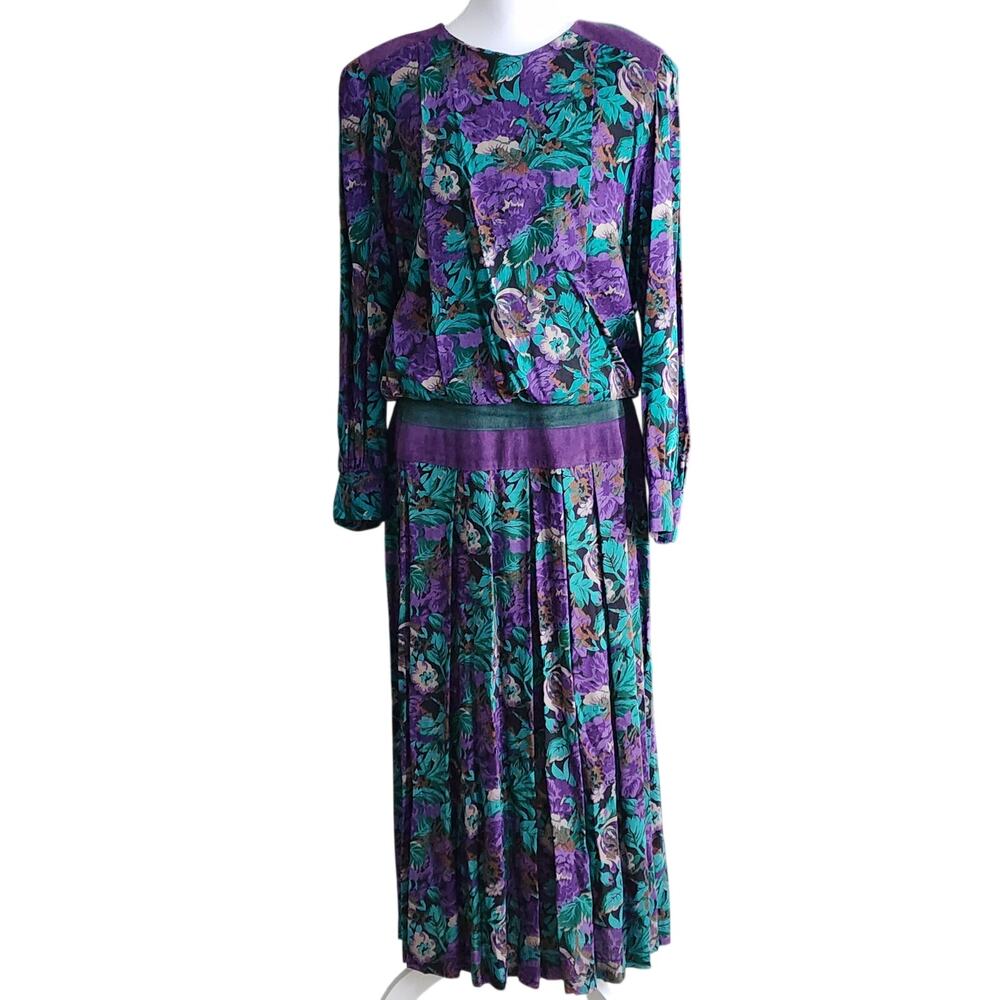 Vintage Patty O'Neil 80s Floral Suede Maxi Dress Sz 14 Jewel Tones